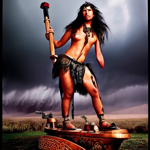 Prompt: Maori warrior princess on ancient steam punk hooverboard, storm outside by david LaChapelle