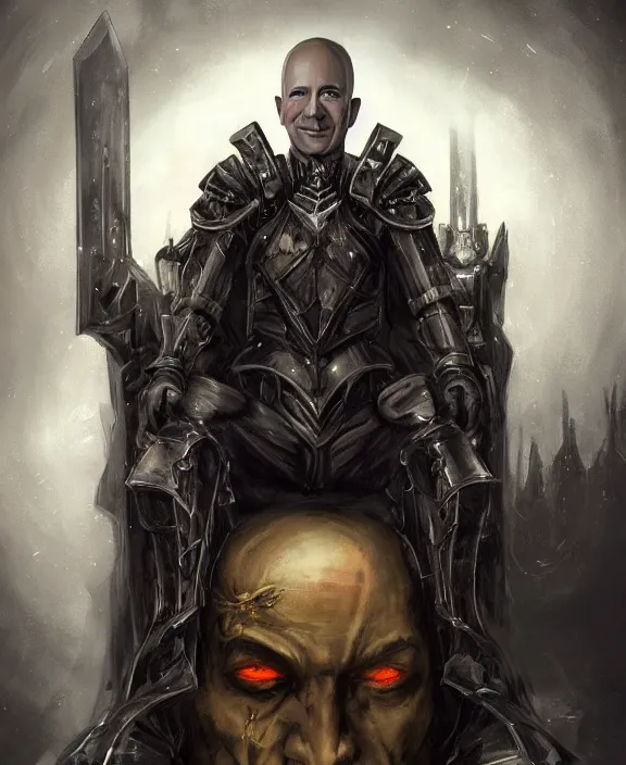 Image similar to a grimdark fantasy concept art portrait of jeff bezos sitting on a dark and evil throne