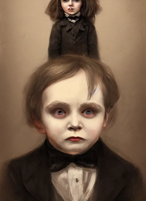Image similar to portrait of an evil victorian child with dark sunken eyes and a creepy grin, digital art, trending on artstation