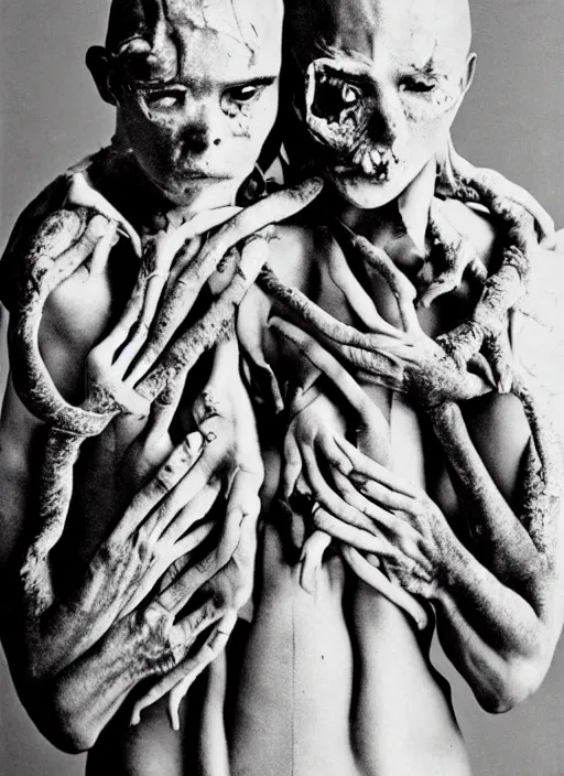 Prompt: stunning documentary style photo of experimental surgery of a man sewn together to another man with multiple heads multiple arms grotesque twisted vein covered splotchy skin of despair, painful merging of bodies disgusted siamese horror conjoined psychotic painful people award winning style photography irving penn