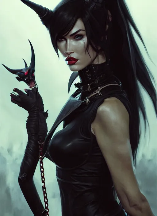 Image similar to portrait of megan fox as a evil demon with hornes, collar and leash, batwings, hell, dark, intricate, headshot, key visual, conceptart, ambient lighting, highly detailed, digital painting, artstation, concept art, sharp focus, by makoto shinkai and akihiko yoshida and greg manchess