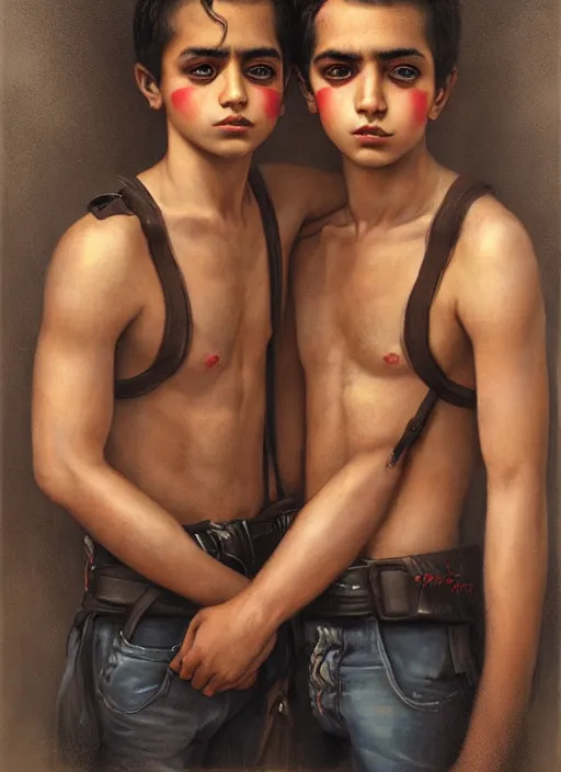 Image similar to portrait of macho young twin mexican buddies in guadalajara, by tom bagshaw and manuel sanjulian