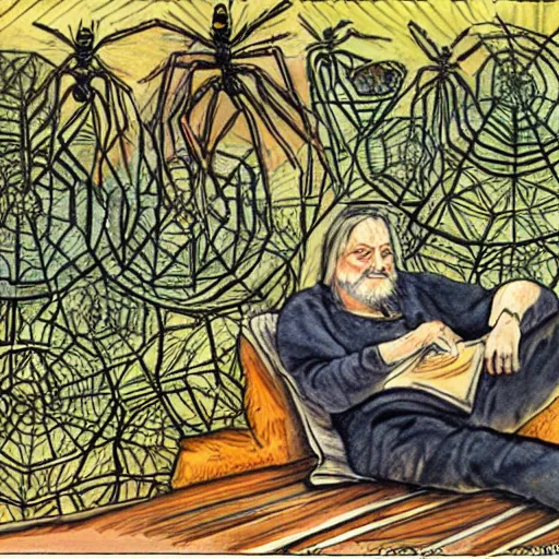 Image similar to robert wyatt sitting alongside giant spiders, illustration by robert wyatt