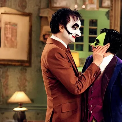 Prompt: romance scene of mr. bean and the joker making out in batman vs bean, 2 0 2 0