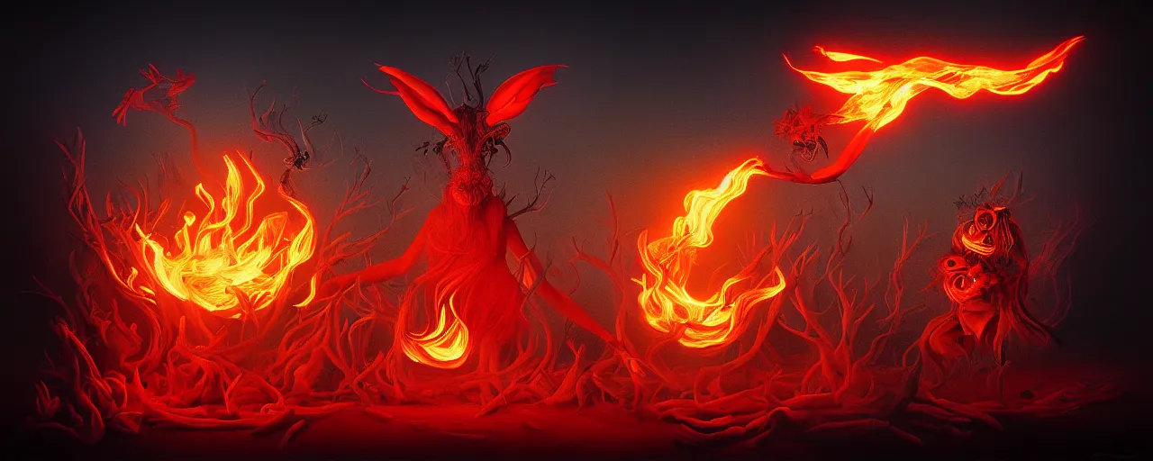 Image similar to whimsical fiery alchemical creatures, surreal dark uncanny painting by ronny khalil