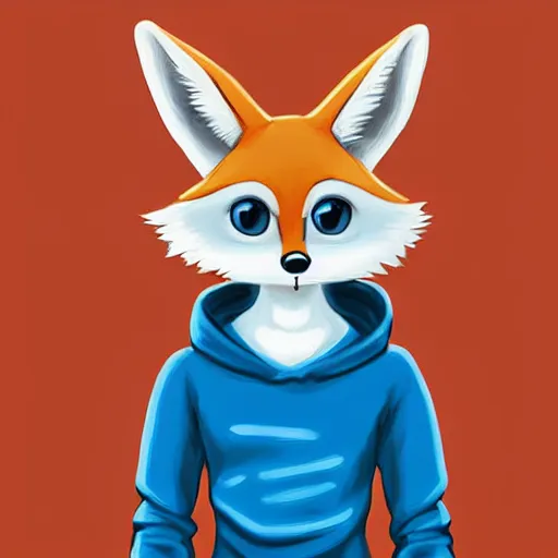 Prompt: furry ( fandom ) art of a cute anthropomorphic sandy fennec fox and blue eyes and wearing a blue sweatshirt holding fireballs, digital art, painting, trending on furaffinity, big eyes