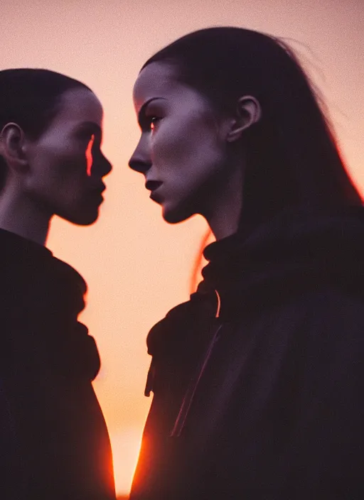 Image similar to cinestill 5 0 d photographic portrait of two loving female androids wearing rugged black techwear on a desolate plain with a red sky, extreme closeup, cyberpunk style, in front of a brutalist dark metal facility, dust storm, 8 k, hd, high resolution, 3 5 mm, f / 3 2, ultra realistic faces, ex machina