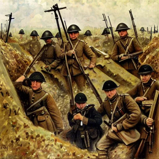 Prompt: inside a trench with a machine gun, ww 1 german soldiers stand at the ready, oil on canvas, 1 9 0 5