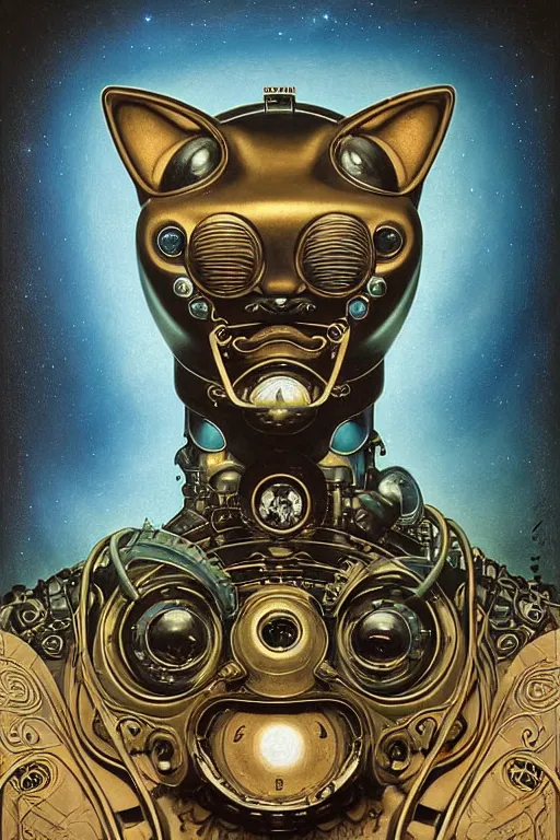 Prompt: retro cat robot, large metal mustache, animal, muted colors, nebula background, glowing blue green eyes, detailed realistic surreal retrowave robot in full regal attire. face portrait. art nouveau, symbolist, visionary, baroque, giant fractal details. horizontal symmetry by zdzisław beksinski, gears, alphonse mucha. highly detailed, hyper - real,