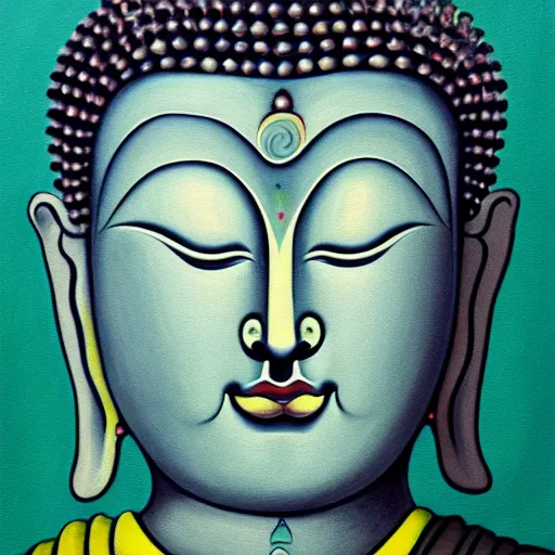 Prompt: a painting of a buddha with his eyes closed, an oil on canvas painting by ram chandra shukla, shutterstock, figurativism, creative commons attribution, photoillustration, fractalism