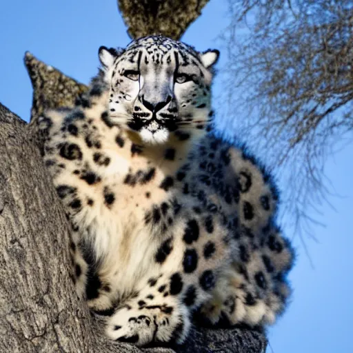 Prompt: anthropomorphic snow leopard leaning against a tree with a bow