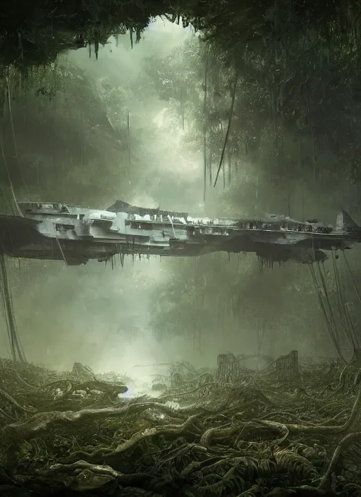 Image similar to decayed aircraft carrier Nimitz laying on the ground of a tropical forest overgrown with vegetation and hanging vines, post appocalyptic, by Luis Royo, by Greg Rutkowski, dark, gritty, intricate, cover illustration, concept art, volumetric lighting, volumetric atmosphere, sharp focus, octane render, trending on artstation, 8k