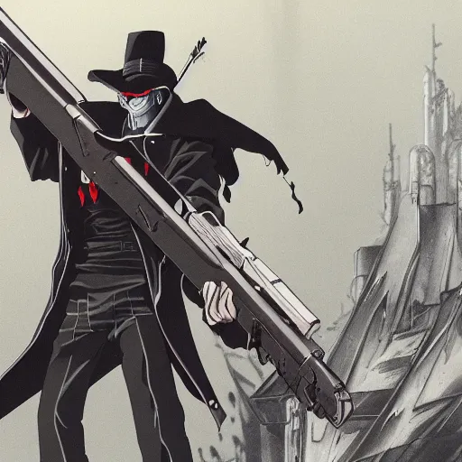 Image similar to a shot of a grim reaper as gunsliger man in trigun anime, movie shot, anime, hightly detailed, rescalated 4 k, detailed