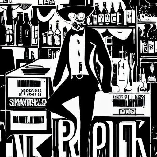 Prompt: noir bar scene, smoky, psychedelic, minimalist, frank miller style