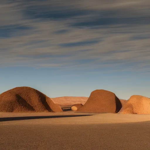 Image similar to land art sculptures built in the Mojave desert, beautiful dynamic lighting, cinematic, wide angle establishing shot, extremely high detail, photo realistic, cinematic lighting, post processed, concept art, artstation, matte painting, style by michael heizer, Donald Judd, volumetric lighting, light rays, photorealistic, ultrarealistic, moody, coronarender, 8k