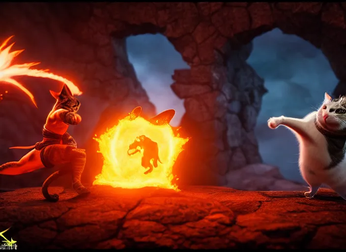 Prompt: hamster fights a cat in mortal kombat at a volcano with shao khan cheering in the background. fantasy magic style. highly detailed 8 k. intricate. lifelike. soft light. sony a 7 r iv 5 5 mm. [ cinematic post - processing ].