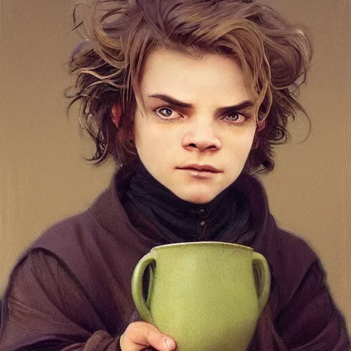 Image similar to portrait of a halfling boy, tired eyes, street rat, blonde hair, green eyes, wearing a dark cloak, intricate, elegant, highly detailed, my rendition, digital painting, artstation, concept art, smooth, sharp focus, illustration, art by artgerm, greg rutkowski and alphonse mucha and uang guangjian, gil elvgren, symmetry