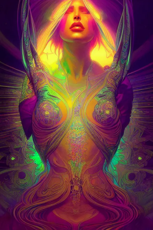 Prompt: psychedelic acid trip, blacklight reactive, sexy, fantasy, intricate, elegant, highly detailed, digital painting, artstation, concept art, matte, sharp focus, illustration, art by Artgerm and Greg Rutkowski and Alphonse Mucha