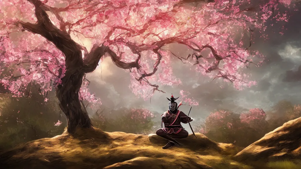 Image similar to beautiful painting of an armoured samurai meditating under a blossom tree, realistic, digital painting, concept art, matte painting, cinematic night lighting, 8 k, highly detailed, detailed terrain, trending artstation