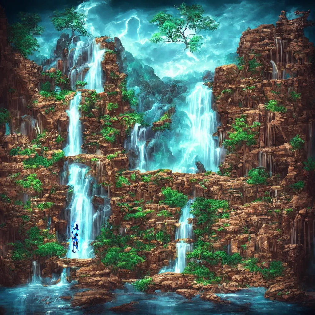 Prompt: ancient structure with waterfalls, retrowave epic art, trending on art station