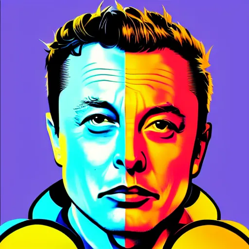 Image similar to portrait pop art comic illustration ofElon Musk, profile view, bright colors, high detail, angry, sullen