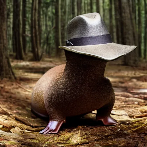 Image similar to detailed photograph of a platypus wearing a fedora in a forest, national geographic, realistic, cinematic lighting, 8 k, cute, adorable, fedora, wearing a hat, wearing a fedora, realistic