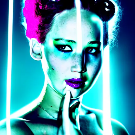 Image similar to jennifer lawrence as the bride of frankenstein, macro photography, glowing retinas, vaporwave, fuscia cyan yellow white light