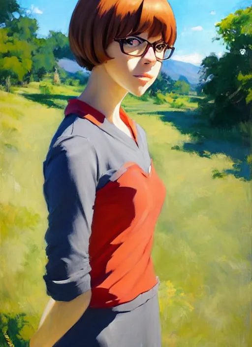 Prompt: Greg Manchess painting of Velma Dinkley, anime style, winged eyelashes, countryside, calm, fantasy character portrait, dark outlines, dynamic pose, above view, sunny day, artwork by Makoto Shinkai, very coherent asymmetrical artwork, sharp edges, perfect face, simple form, 100mm