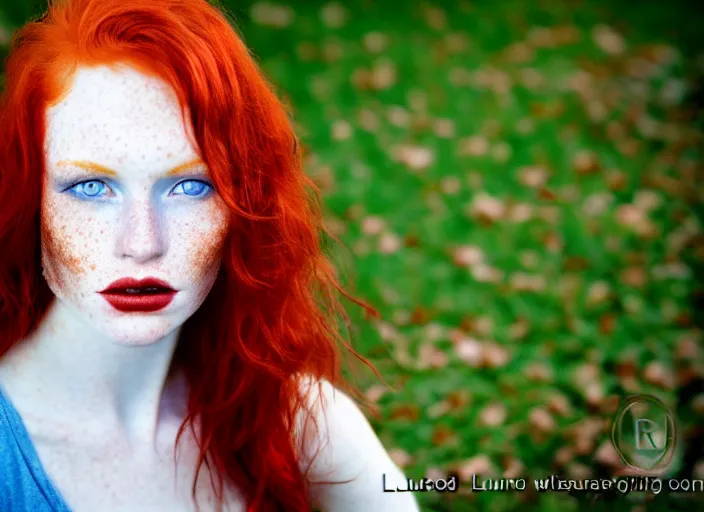 Image similar to award winning 8 5 mm close up face portrait photo of a redhead with deep red hair, freckles and blue eyes in a park by luis royo.