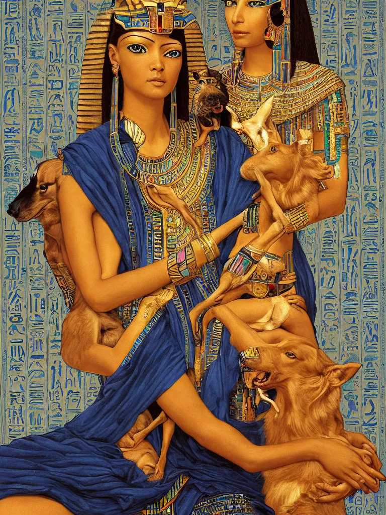 Prompt: portrait of a beautiful female ancient Egyptian goddess holding Anubis the dog in her arms. Hieroglyphs are written on the background, and blue lotus grows at her feet. painting by James C. Christensen