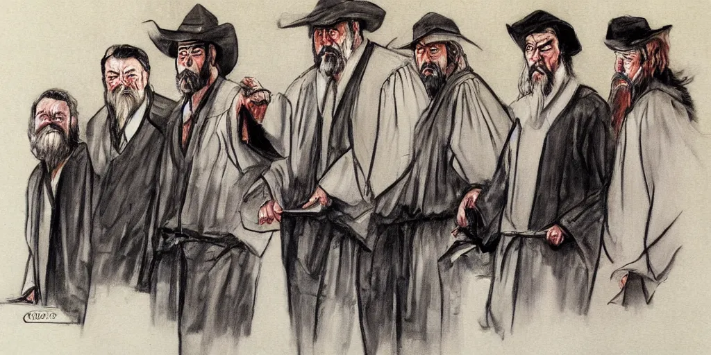 Image similar to Confucius and jury trial, a few cowboys in the american courtroom sketch by Christine Cornell by Batton Lash by John M. Downs by Leo Hershfield, judge with face of clint eastwood, concept art