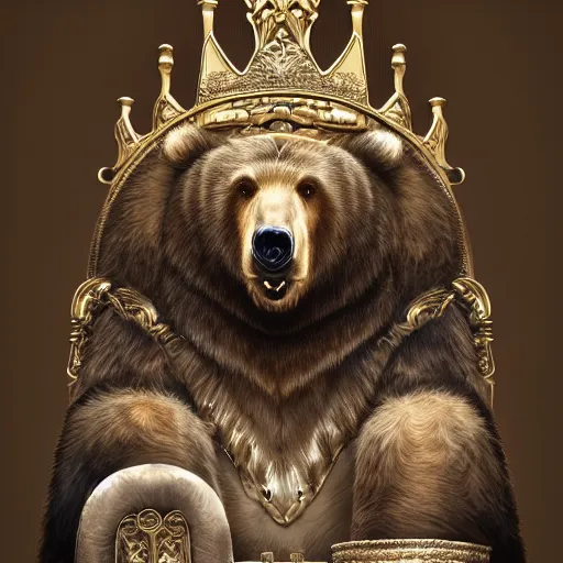 Image similar to Portrait of a king sitting on his throne, bear, crystal crown, digital art, realistic, artstation, detailed