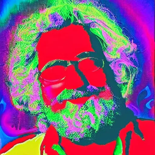 Image similar to jerry Garcia, psychedelic colors,