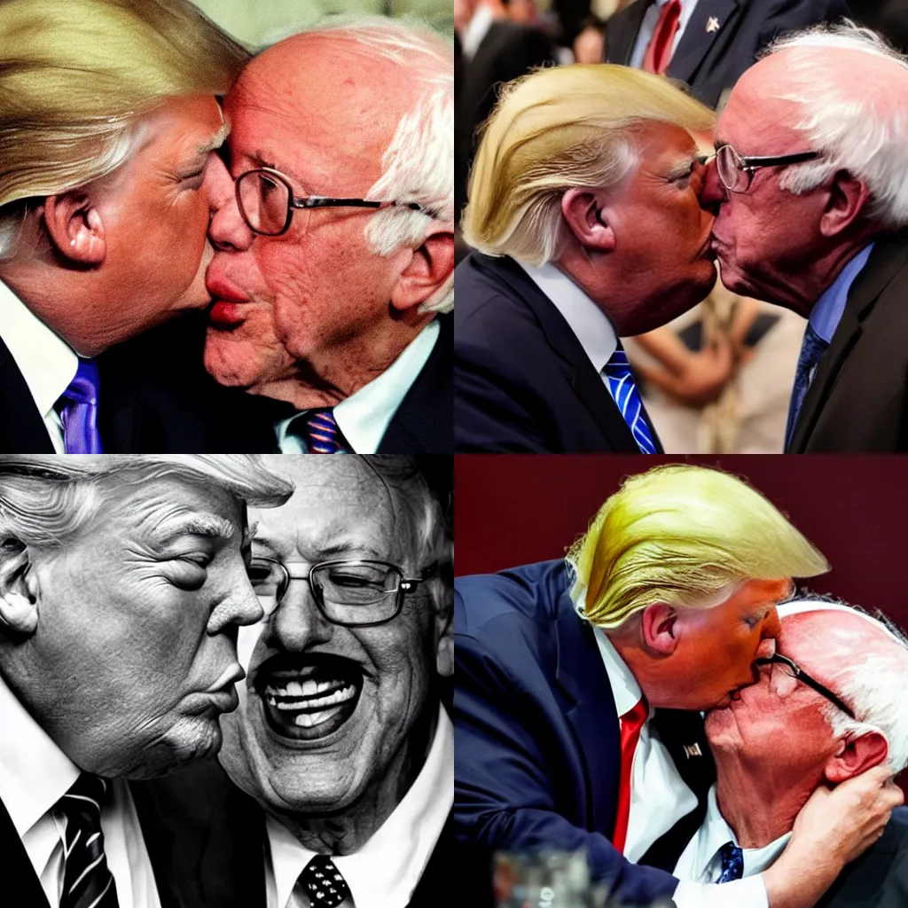 Prompt: award winning photo of Donald Trump kissing Bernie Sanders\' hand, detailed and sharp