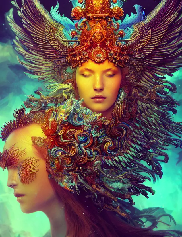 Image similar to goddess phoenix macro close - up portrait with crown made of ram skull. phoenix, betta fish, jellyfish, bioluminiscent, plasma, wind, creature, super intricate ornaments artwork by tooth wu and wlop and beeple and greg rutkowski