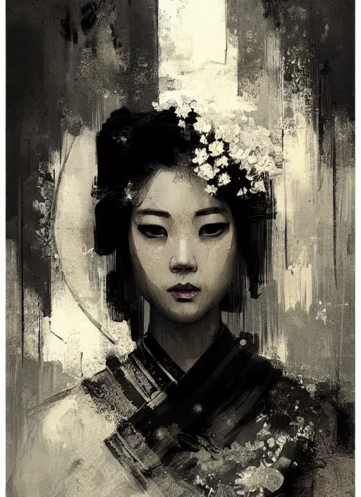 Prompt: female geisha girl, beautiful face, black and white, rule of thirds, intricate outfit, spotlight, by greg rutkowski, by jeremy mann, digital painting