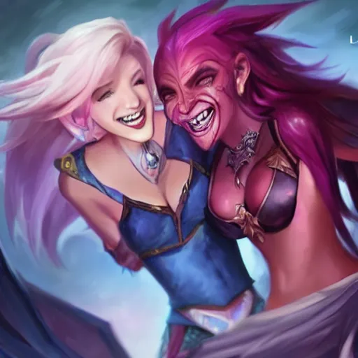 Image similar to league of legends, best friends, kai'sa and xayah, laughing