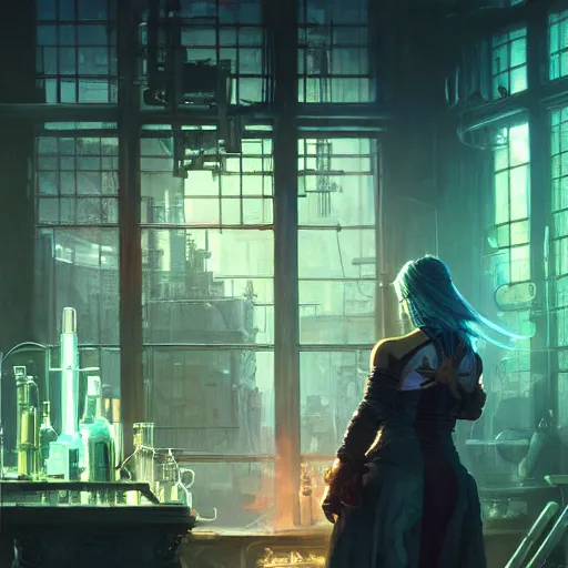 Prompt: cyberpunk alchemy laboratory full of potions, ciri from the witcher it's in the lab. by jeremy mann and alphonse mucha, photo realistic, dynamic lighting, windy, artstation, poster, dreamy, volumetric lighting, ethereal, 4 k, high detail