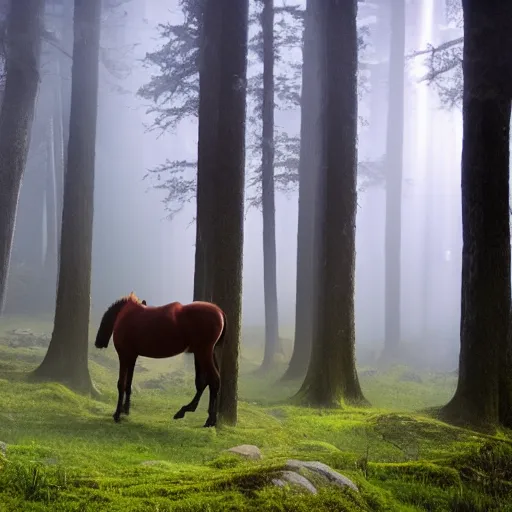 Prompt: a totem horse in the middle of a forest, foggy ambience, god rays.