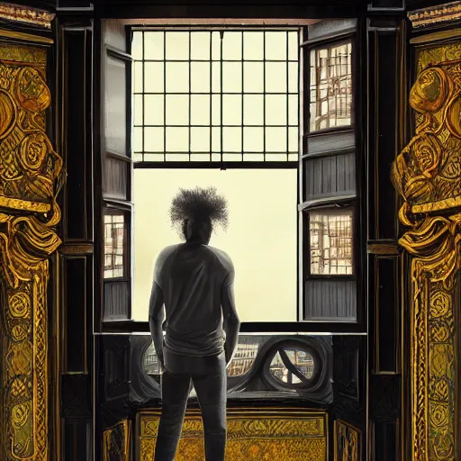 Image similar to a black man with long curly hair, with his back turned, looking at a victorian window, on deep sea, a big glowing letter K on the wall, + Cinematic Lighting + Deep Shadows + Hyper Realistic + Hyper Maximalist + Maximalist Composition + Intricate Details + Rendered in Octane + Trending on Artstation + Hall of Fame on Cgsociety + 8K portrait + 8k Post-Processing Highly Detailed + Rendered by Octane Engine + 8K Artstation 8k Detail Post Processing + Octane Render