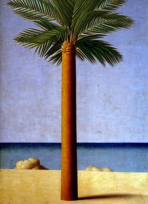 Prompt: realistic and geometrically precise painting of a palm tree painted by piero della francesca, high quality, no blur, 4 k