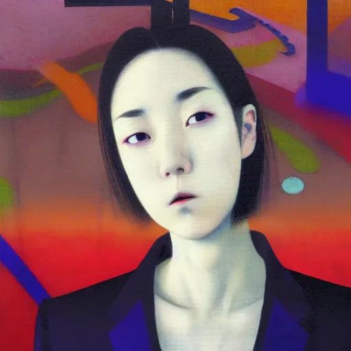 Image similar to yoshitaka amano blurred and dreamy realistic three quarter angle portrait of a young woman with short hair and black eyes wearing office suit with tie, junji ito abstract patterns in the background, satoshi kon anime, noisy film grain effect, highly detailed, renaissance oil painting, weird portrait angle, blurred lost edges