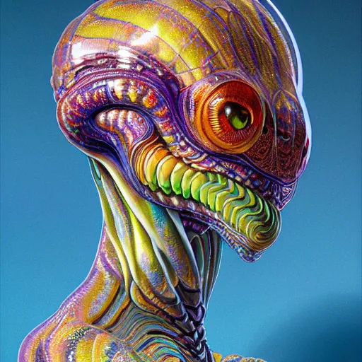 Image similar to intricate colorful transparent portrait of a disturbing beautiful alien snake creature, mottling coloring, adorable, childlike, whimsical, robotic, ultra realistic, concept art, art nouveau, photorealistic, octane render, 8 k, unreal engine. art by christopher marley and artgerm and greg rutkowski and alphonse mucha, and rene magritte