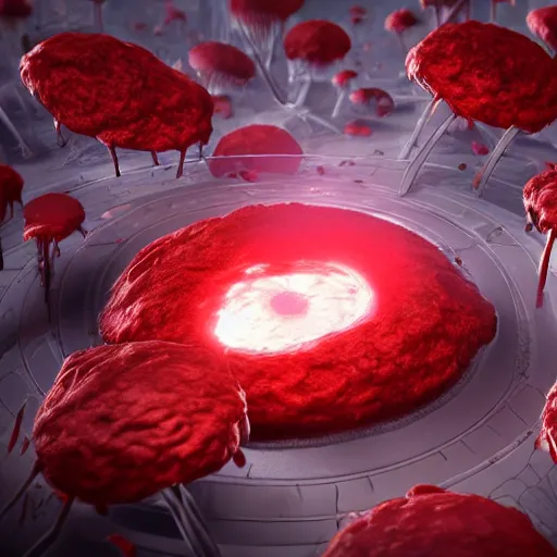 Prompt: a human leukocyte steamed dish phagocytosing red blood cells, highly detailed, digital painting, artstation, concept art, movie still, smooth, sharp focus uhd 8 k, cell cover style