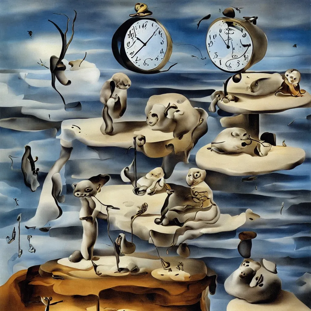 Prompt: baby harp seal and melting clocks, painting by salvador dali, surrealism