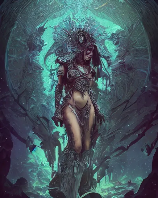 Prompt: goddess of death with full body tattoos and black feather armor, by petros afshar, ross tran, peter mohrbacher, tom whalen, underwater psychedelic smoke, highly detailed, intricate, elaborate, illustration, sharp focus, featured on artstation