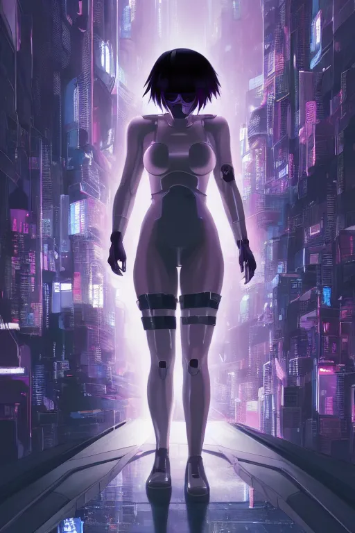 Image similar to a still fullbody portrait of motoko kusanagi ghost in the shell, finely detailed features, closeup at the faces, perfect art, at a cyberpunk city, gapmoe yandere grimdark, trending on pixiv fanbox, by ilya kuvshinov, rossdraws, artgerm, octane render, unreal 3 d, volumetric light