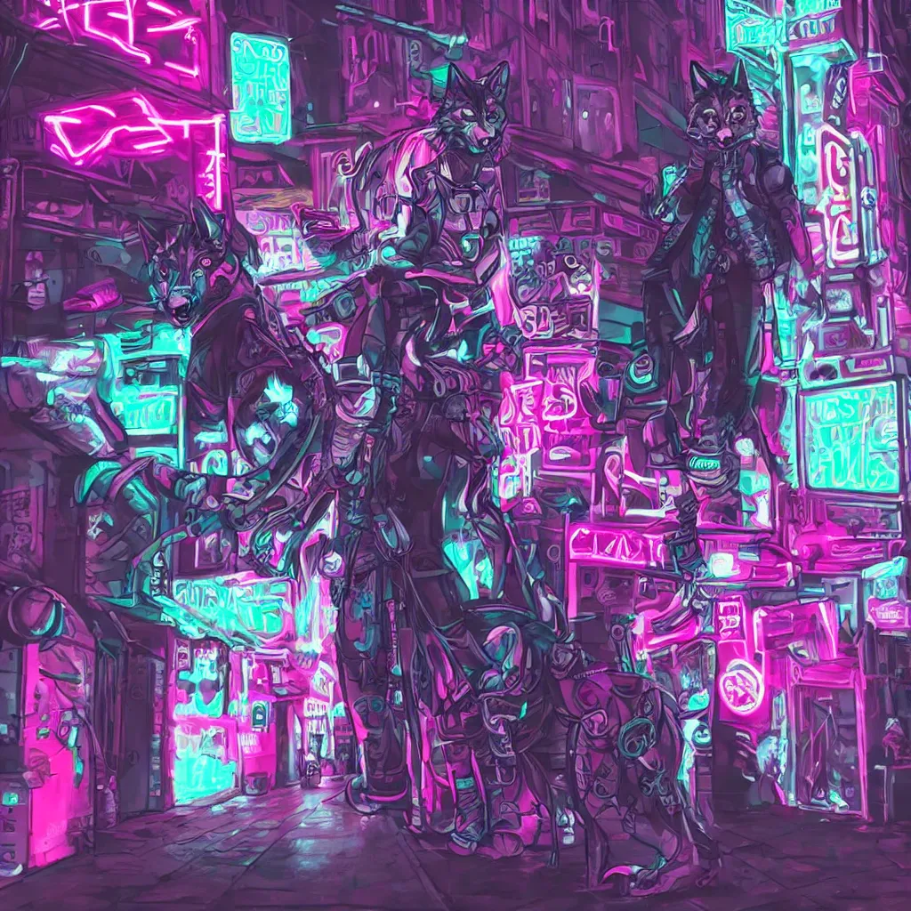 Image similar to beautiful furry art portrait commission of a androgynous furry anthro wolf fursona both wearing punk clothes in the streets of a cyberpunk city. neon signs.