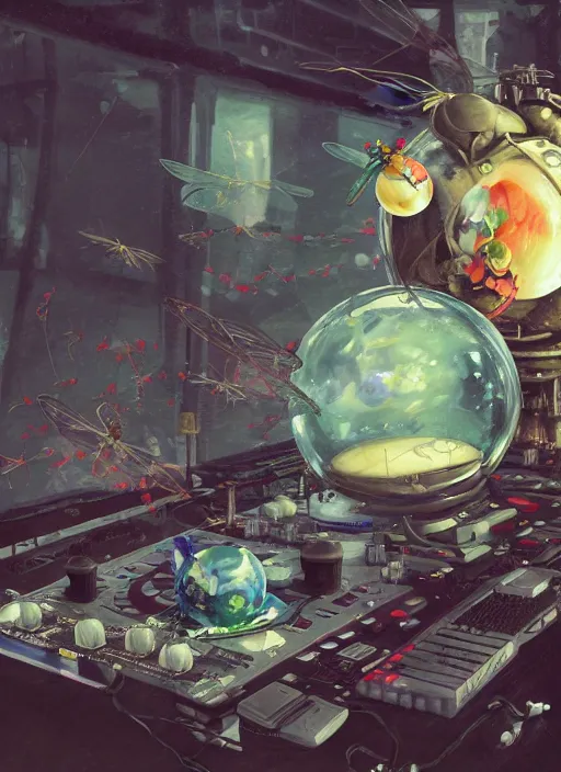 Prompt: surreal gouache painting, by yoshitaka amano, by ruan jia, by Conrad roset, by good smile company, detailed anime 3d render of transparent resin egg with a magical dragonfly inside. Surrounded by a big DJ Mixer, deck, portrait, cgsociety, artstation, rococo mechanical and Digital and electronic, dieselpunk atmosphere