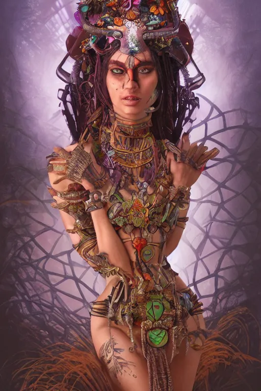 Image similar to cyberpunk aztec goddess in a zen rock garden, by Peter Kemp, by Artgerm, autumn, glamorous hairstyle, vermont fall colors, wearing translucent earthtone fashion, sad, Autumn, art nouveau by Brian Froud, frozen tear, berries, by Alphonse Mucha, highly detailed concept painting with cinematic lighting, trending on art station